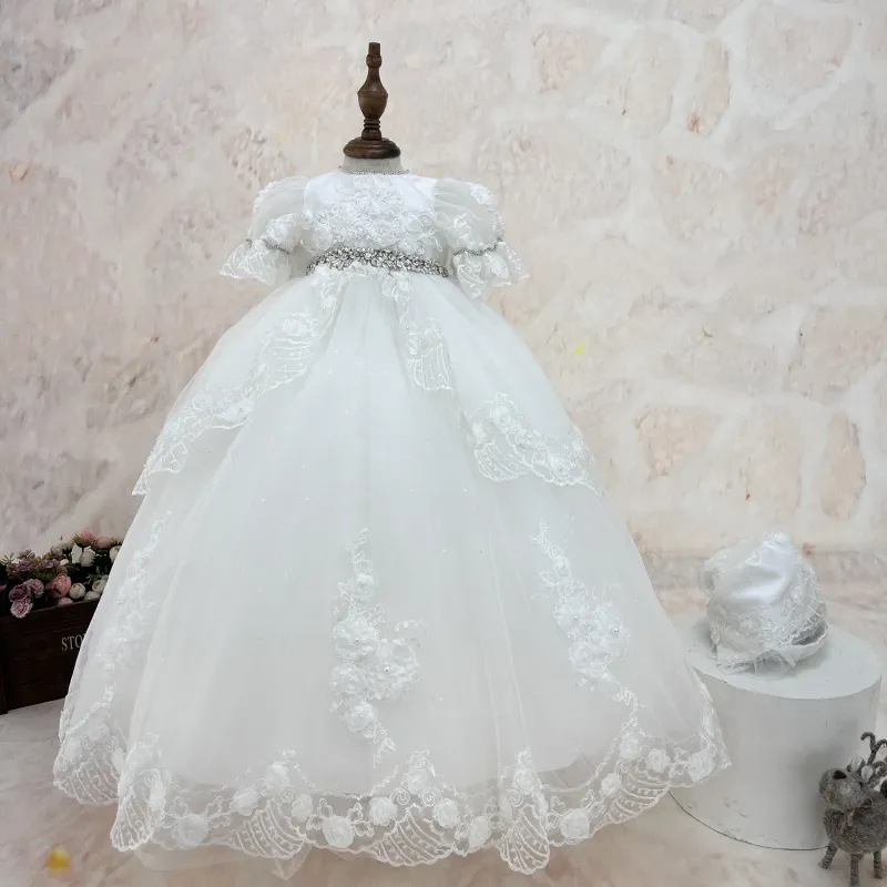 BAPTISM / CHRISTING GOWN OFF WHITE EMBBRODIERED TULLE PEARL & FLOWER APPLIQUE BOW & HAT / Y23114