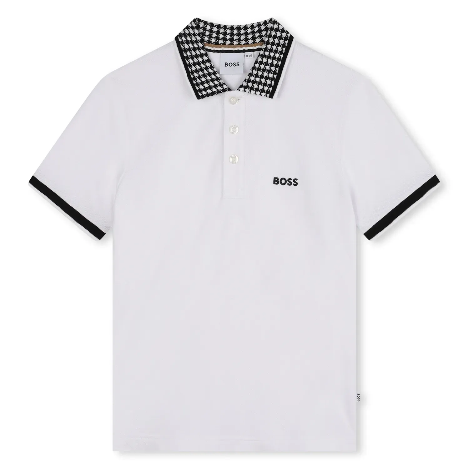 WHITE POLO TOP SHORT SLEEVE BLACK & WHITE CHECK COLLAR / J51177-10P