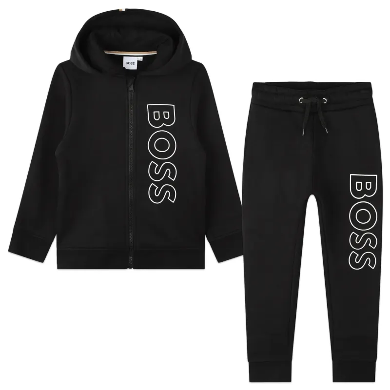 2PC TRACK SUIT BLACK HOODED WHITE BOSS LOGO / J28121-09B