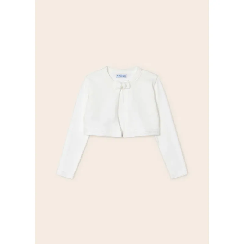 BOLERO CARDIGAN NATURAL CREAM BOW TRIM RIBBED EDGING SLEEVE & HEM / 321-076