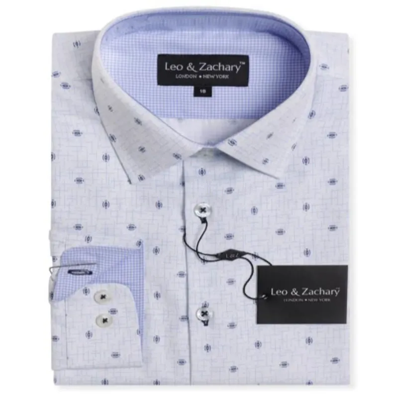 SHIRT WHITE BLUE PRINT SEED PRINT CHECK TRIM CUFF & NECKLINE / 5912