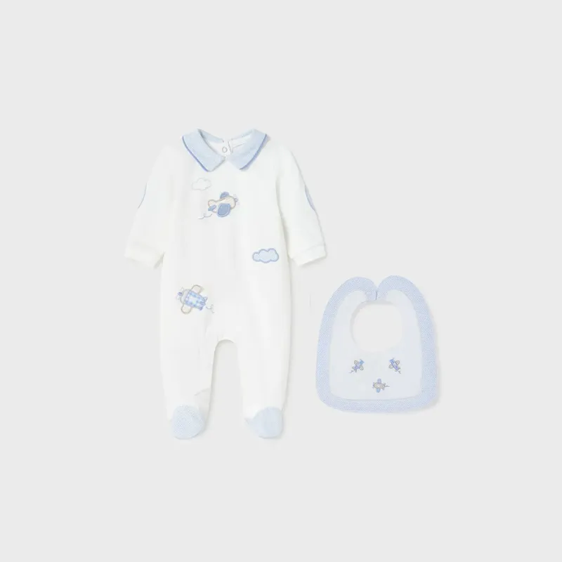 2PC ROMPER & BIB WHITE BABY BLUE COLLAR & TRIM AIRPLANE APPLIQUE / 1750-9262