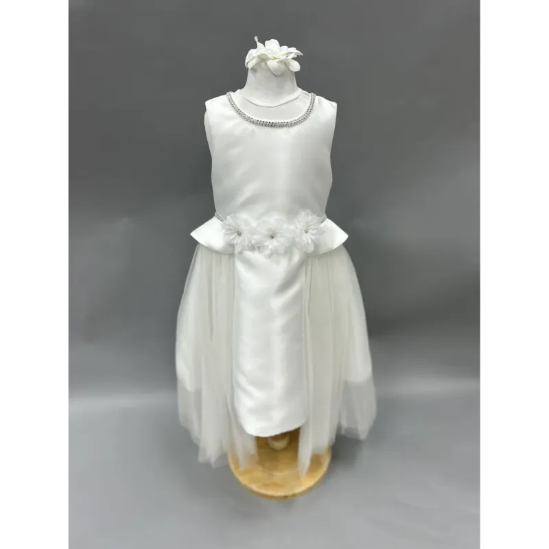 DRESS OFF WHITE SATIN TULLE OVERSKIRT FLOWER & RHINESTONE TRIM / 1838B