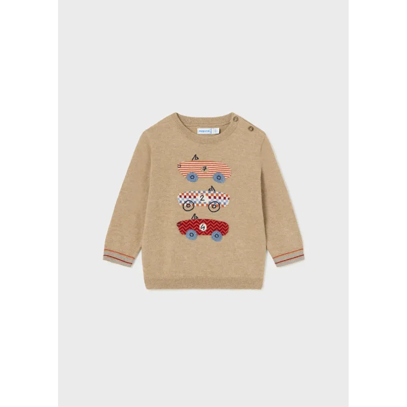 BROWN KNIT SWEATER 3 RED RACECARS PRINT / 2313-078