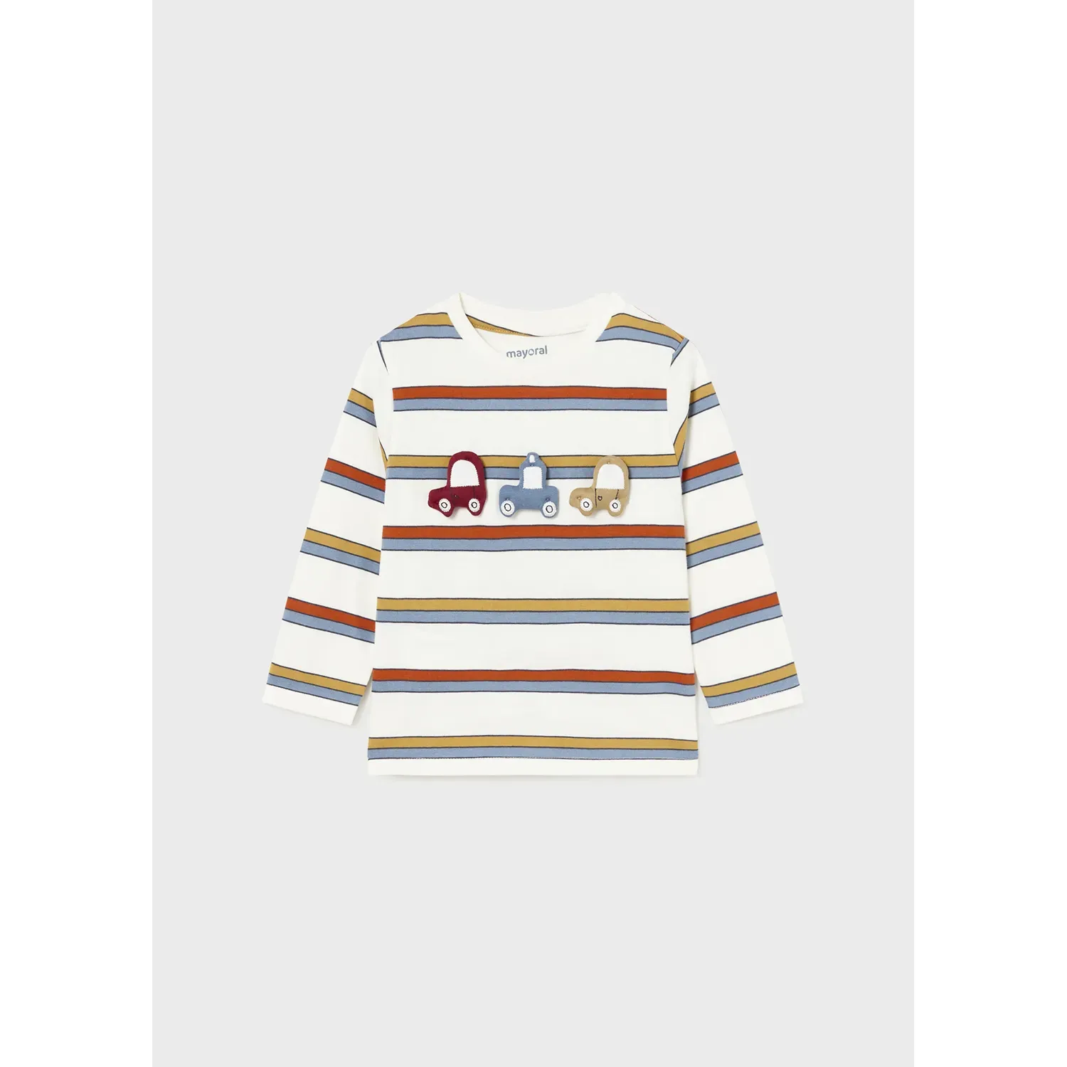 CREAM STRIPED TSHIRT MULTI COLORED 3 CARS APPLIQUE / 2037-087