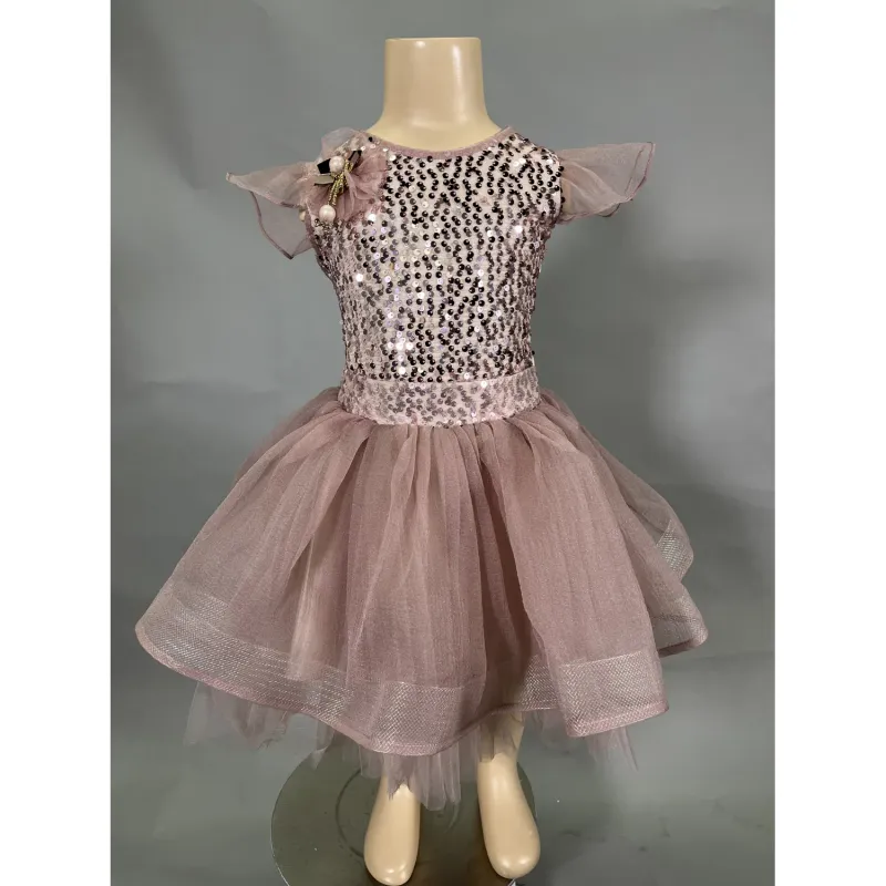2PC DRESS & HAIRCLIP POWDER PINK SEQUIN BODICE TULLE SKIRT HORSEHAIR TRIM / 20304
