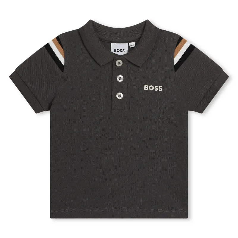 POLO TOP CHARCOAL GREY SHORT SLEEVE BROWN WHITE & BLACK SHOULDER STRIPE / J50595-85