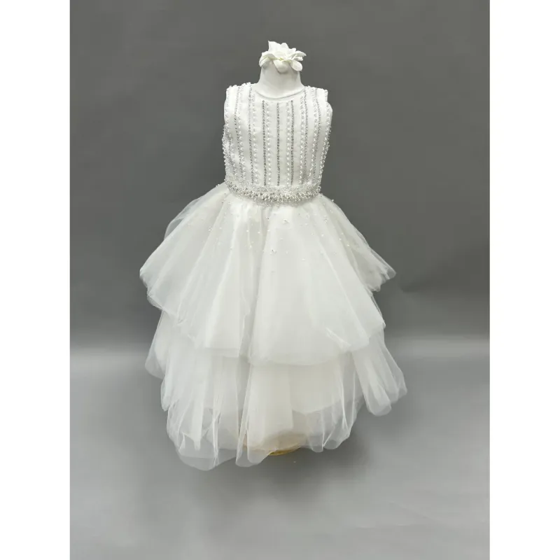 DRESS WHITE BEADED BODICE TULLE SKIRTS SEQUINS & PEARLS DD