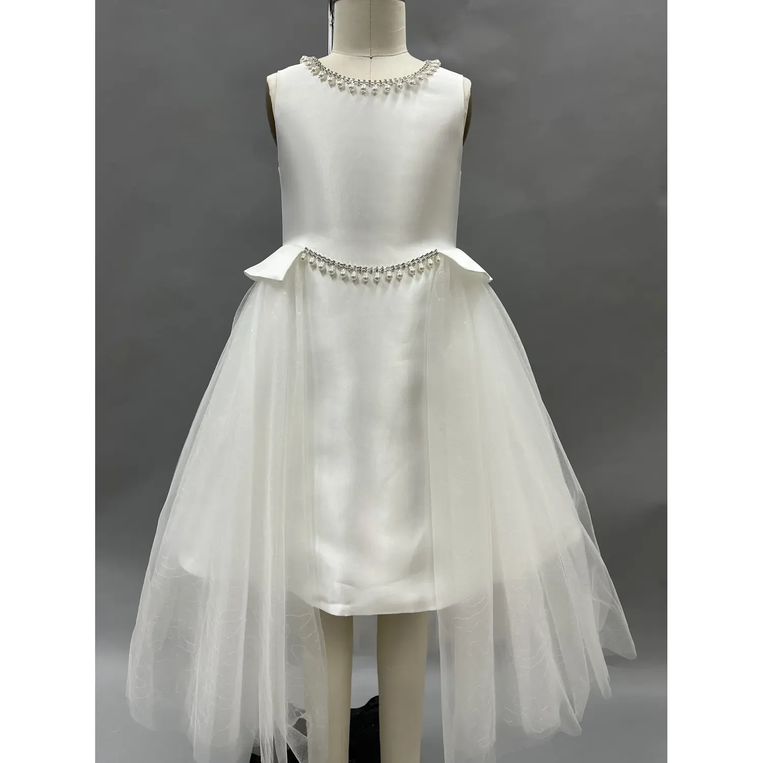 DRESS OFF WHITE SATIN BODICE TULLE SKIRT RHINESTONE & PEARL CHAIN ON WAIST & NECKLINE / 1838B