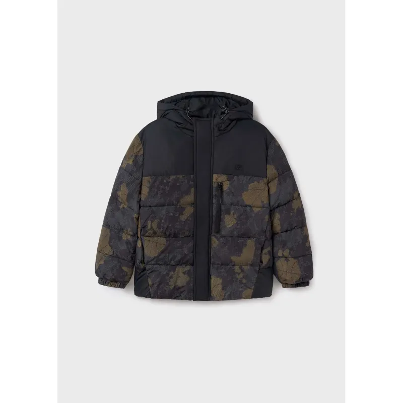 BLACK PRINTED JACKET HOODED WIHT POCKETS PUFFY / 7461-001