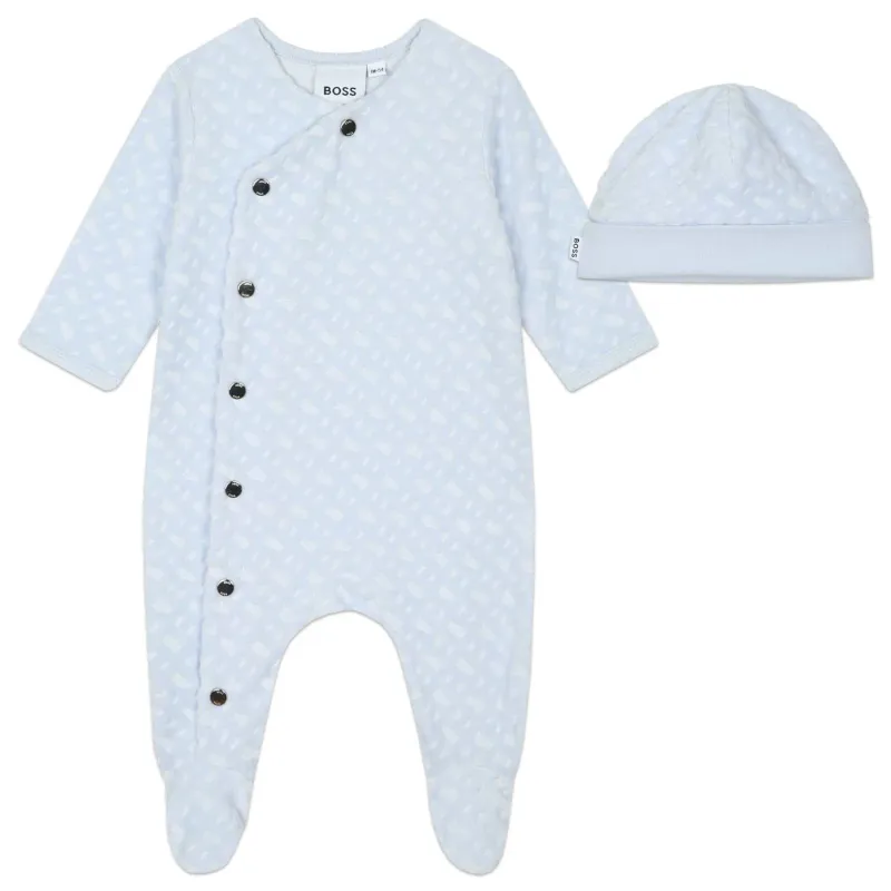 2PC SLEEPER & HAT PALE BLUE VELOUR CRISS CROSS PATTERN SIDECLOSURE / J98434-771