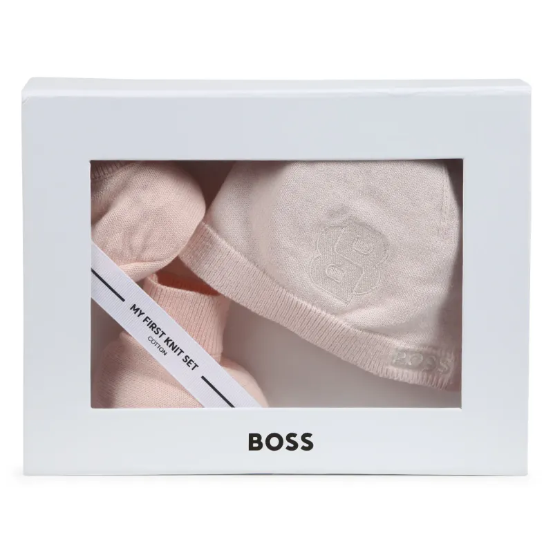PINK 2PC HAT & BOOTIES KNIT BOSS LOGO / J51633-44L