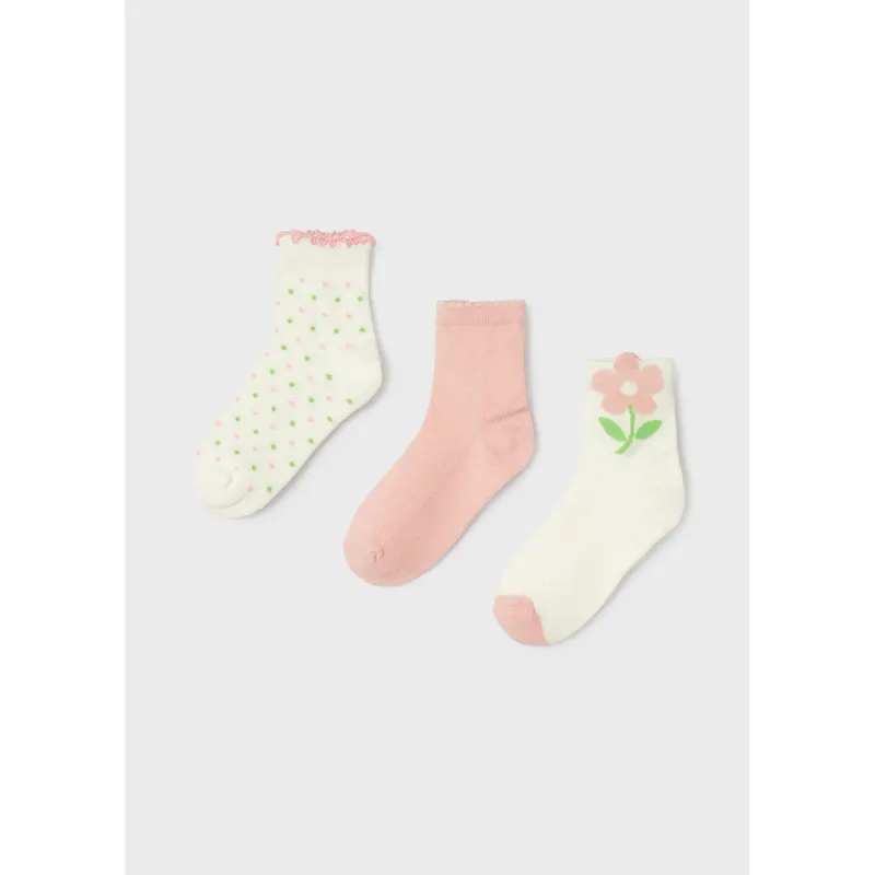 3PACK SOCKS SET BLUSH & WHITE WITH FLOWER OR GREEN DOT PATTERN / 10712-016