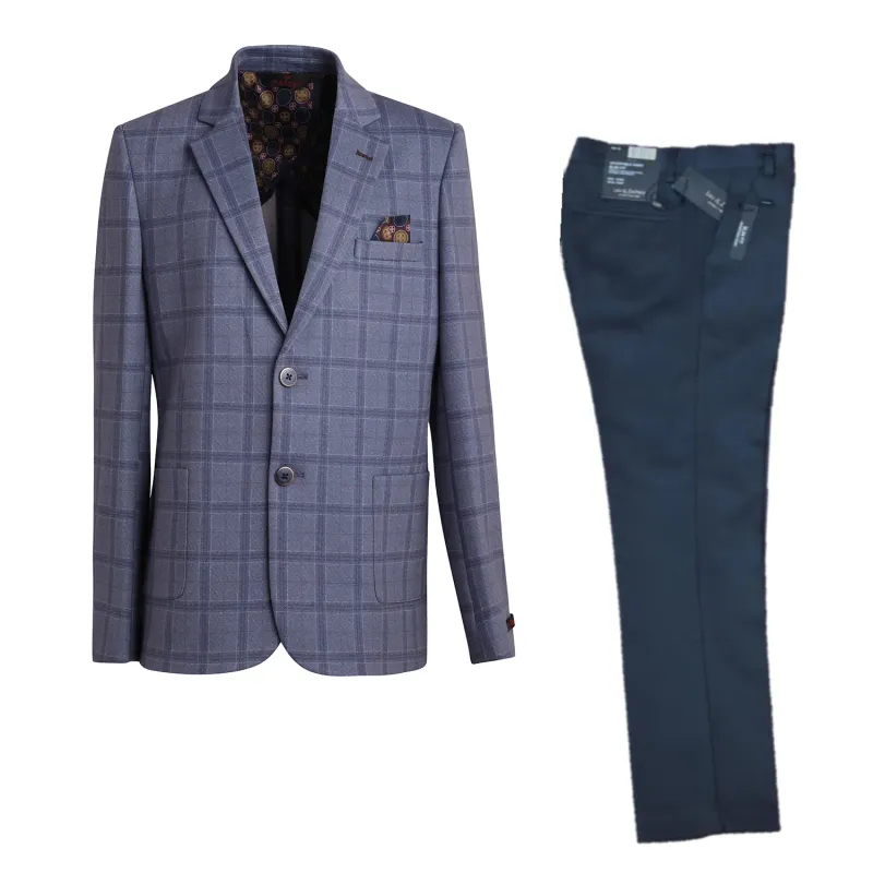 2PC SUIT DENIM SLATE PLAID BLAZER NAVY PANT STRETCH SLIM FIT / BLZ-5448-LZK504