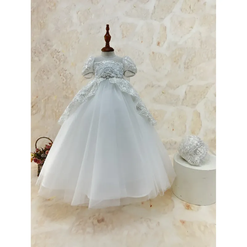 BAPTISM / CHRISTING GOWN OFF WHITE & SILVER EMBROIDERED OVERSKIRT BOW & HAT / Y23135