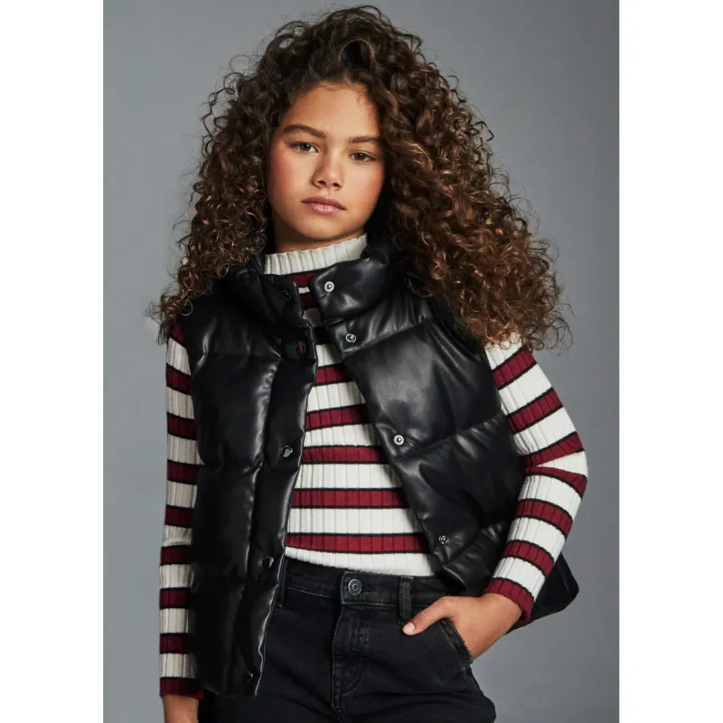 BLACK PLEATHER VEST PADDED SNAP CLOSURE / 7316-010