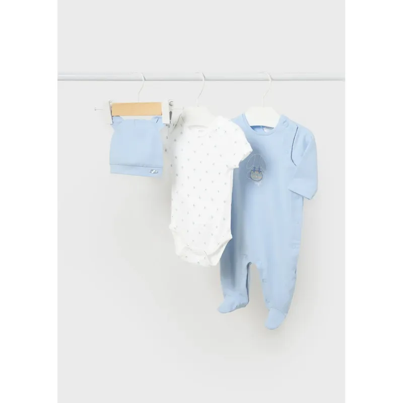 3PC GIFT SET ROMPER UNDERSHIRT & HAT SKY BLUE & WHITE / 1723-036