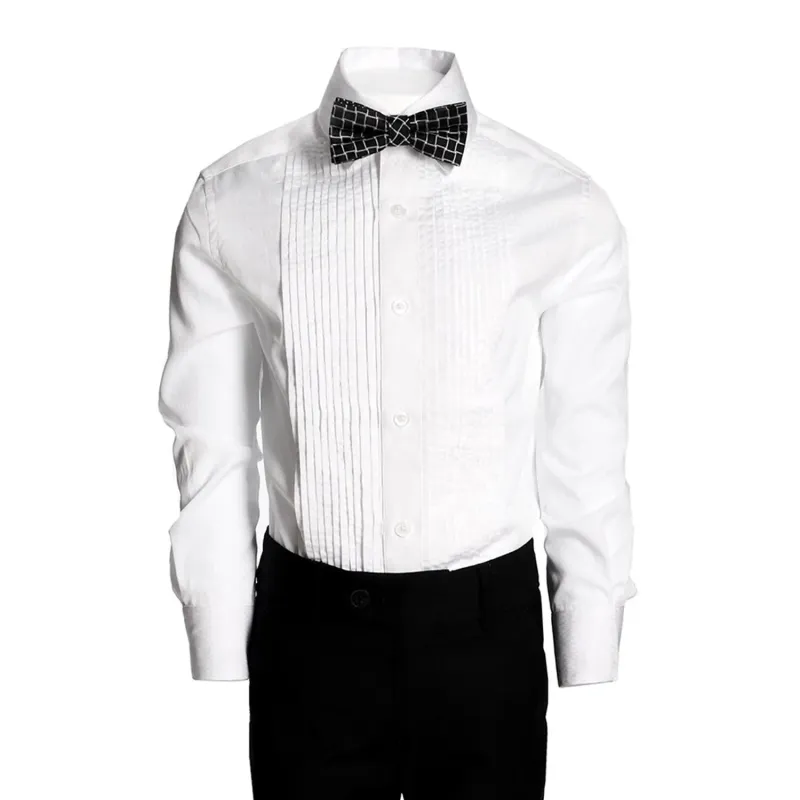 TUXEDO SHIRT WHITE PLEATED FRONT TONE ON TONE PRINT / W8TUXS
