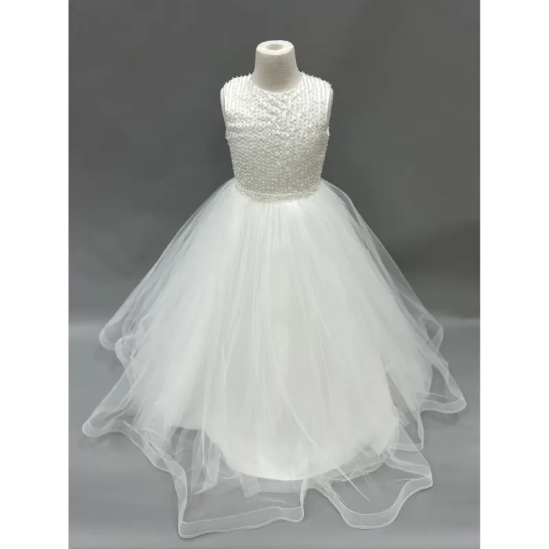DRESS IVORY PEARL BEADED BODICE TULLE & HERRINGBONE / 8