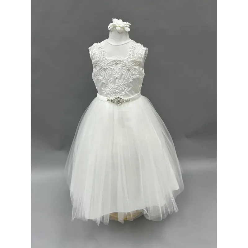 DD DRESS OFFWHITE EMBROIDERED BODICE TULLE SKIRT JEWEL BELT / 1919B