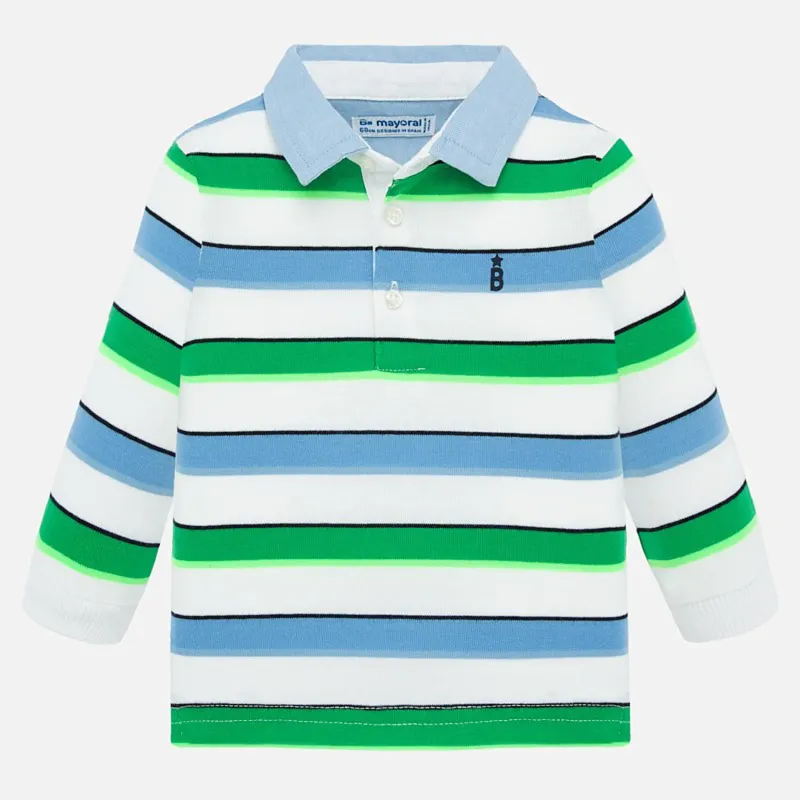 POLO TOP WHITE GREEN & BLUE STRIPE CHAMBRAY COLLAR LONG SLEEVE / 1155042
