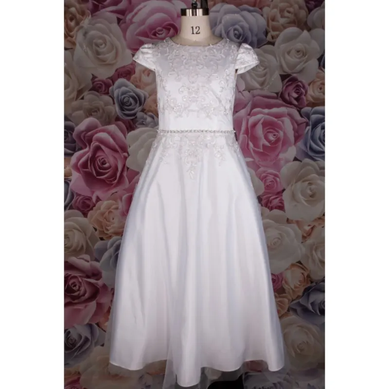 DRESS WHITE 1818H SATIN & TULLE BEADED BODICE PEARL WAISTBAND / 1818H
