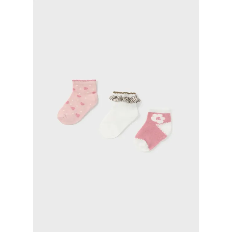 3 PC SOCK SET PINK WHITE WITH FRILL & PRINT / 10400-045