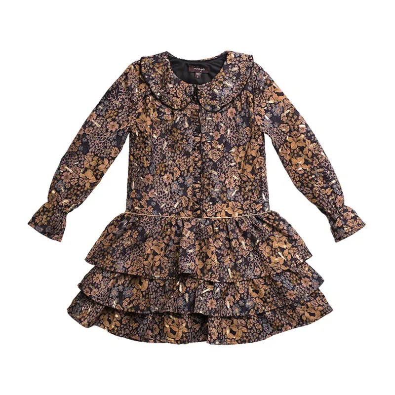 DRESS NAVY BROWN FLOWERS 3 TIER FLOUNCES & GOLD TRIM / SARA