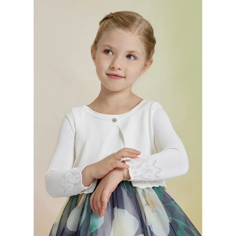 BOLERO CARDIGAN WHITE RHINESTONE BUTTON CROCKET EDGING / 5353-001
