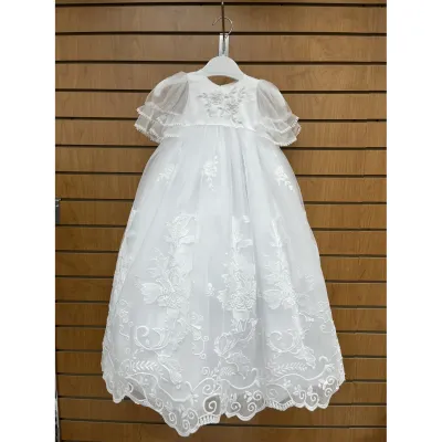 BAPTISM GOWN EMBROIDERED TULLE PEARL TRIM BODICE DD / 1003