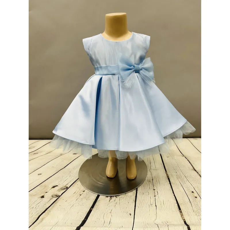 DRESS LIGHT BLUE SATIN TULLE SKIRT WAIST BOW TRIM / SKB711