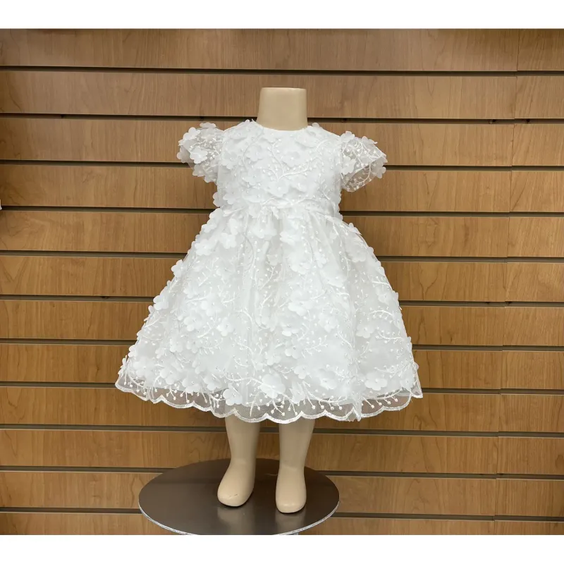 DRESS WHITE EMBROIDERED TULLE FLOWER APPLIQUE CAP SLEEVE / GA100