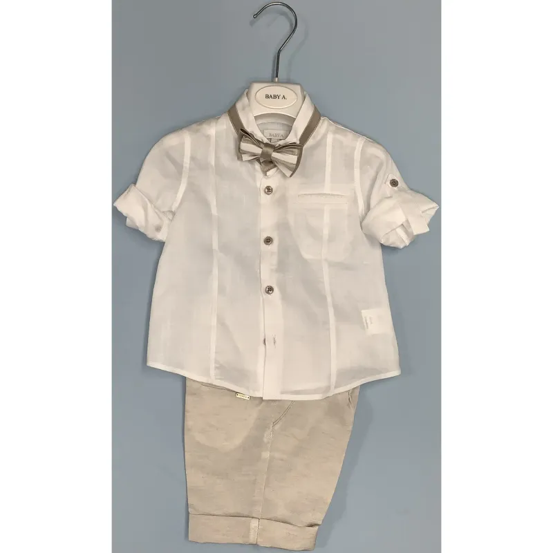 3 PC SHIRT & SHORTS & BOWTIE WHITE & BEIGE ROLL UP SLEEVE / B2304BR