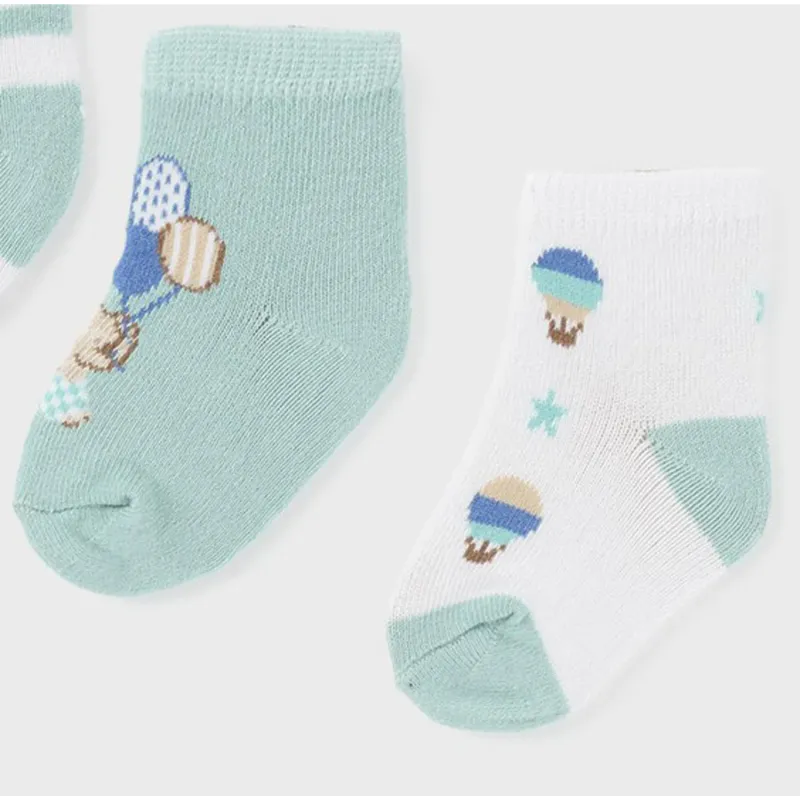 2 PAIR BABY SOCK WHITE WITH AIR BALLOON & TEAL WITH PRINT / 06-055