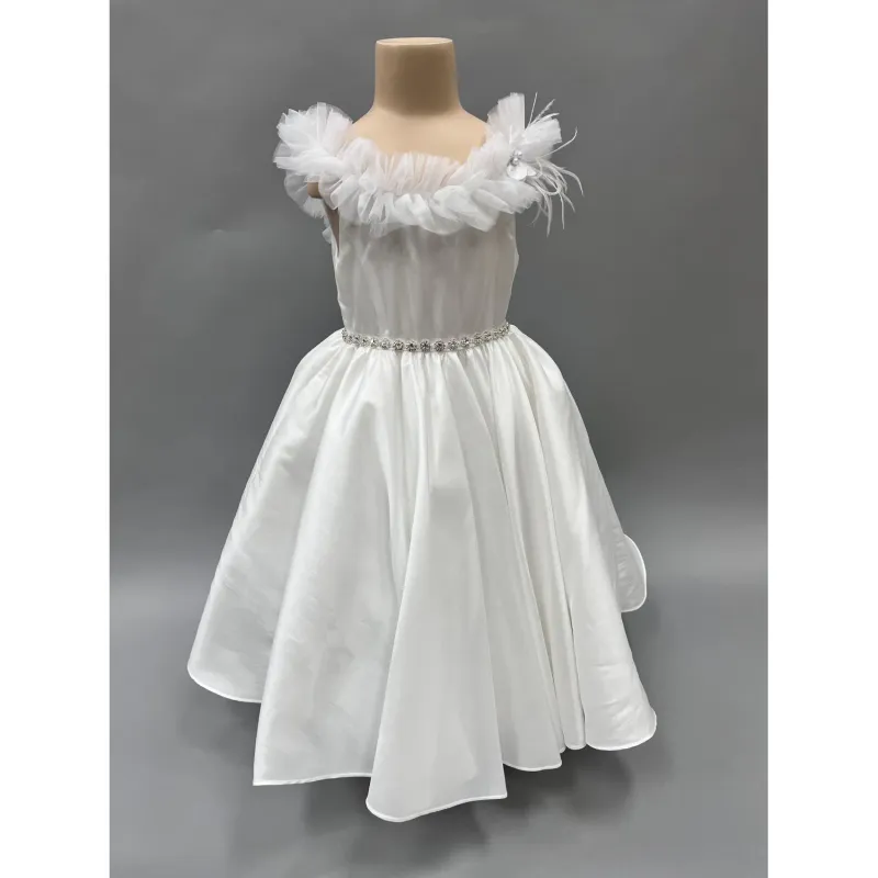 DRESS WHITE RUFFLE TRIM VBACK RHINESTONE TRIM / R650