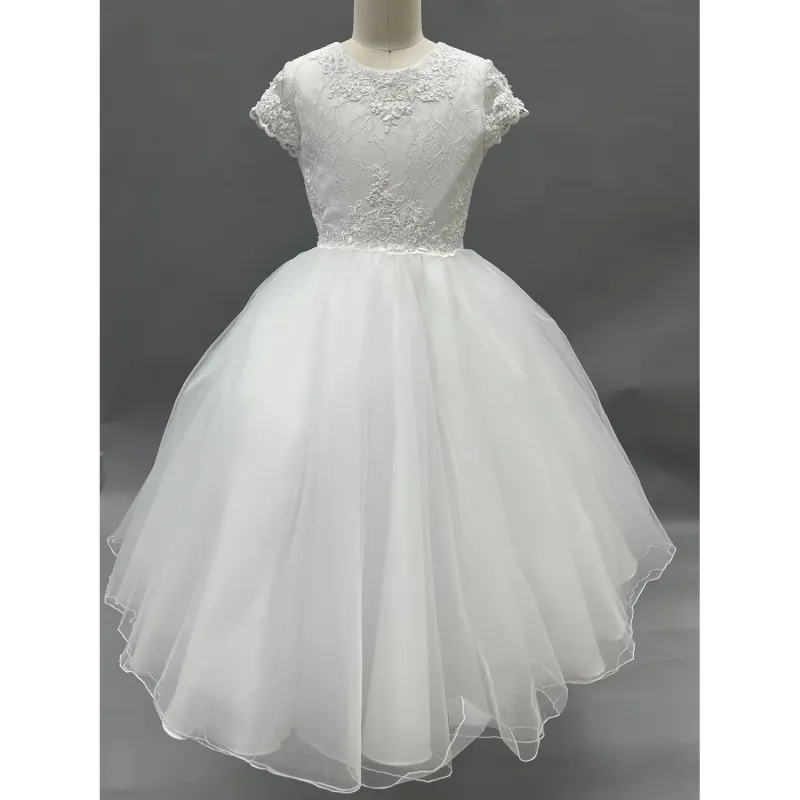 DRESS WHITE TEA LENGTH LACE BODICE TULLE SKIRT / 120356