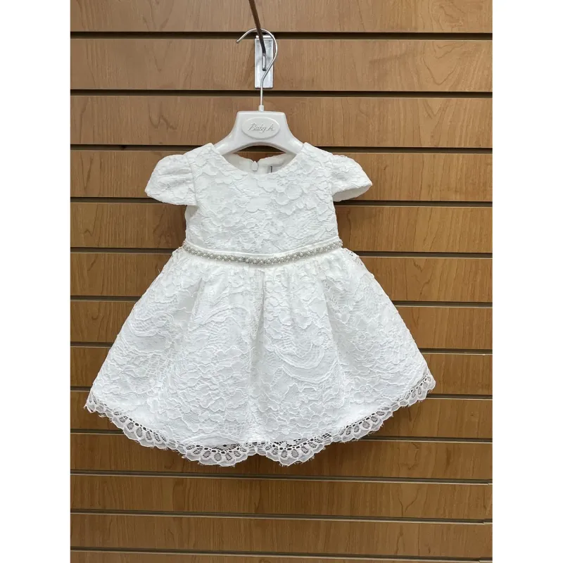DRESS WHITE ALLOVER LACE BEADED BELT CAP SLEEVE / F2857