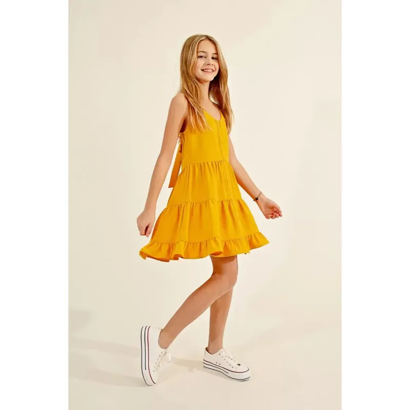 SPAGHETTI STRAP DRESS YELLOW FRONT BUTTON CLOSURE BOW BACK TRIM / MMG860CP
