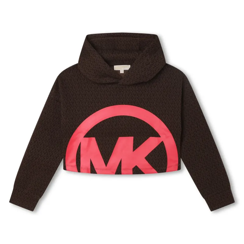 HOODED SWEATTOP BROWN FUSCHIA LOGO MK ALLOVER PRINT CROP / R15214-319