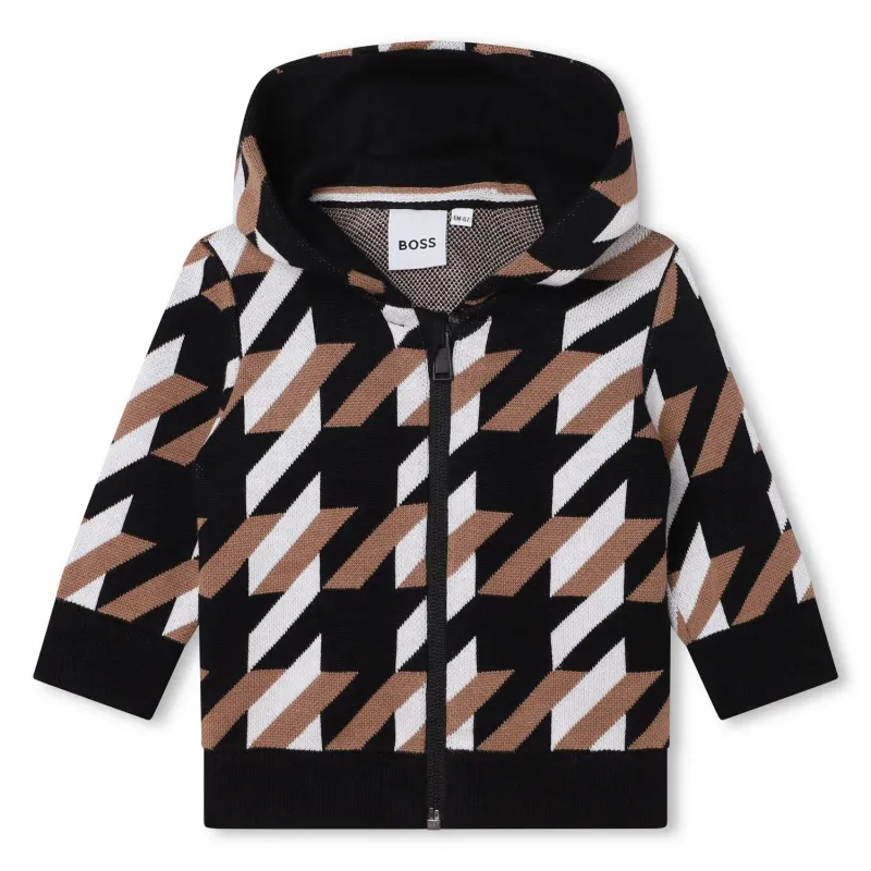CARDIGAN BLACK BROWN & BEIGE PATTERN HOODED KNIT ZIP CLOSURE / J05A41-M13