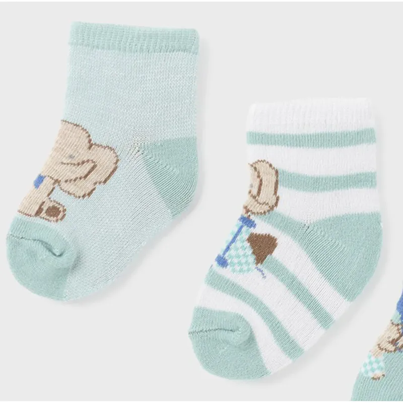 2PC SOCK SET WHITE & GREEN STRIPE &TEAL WITH BROWN ELEPHANT PRINT / 9706-055