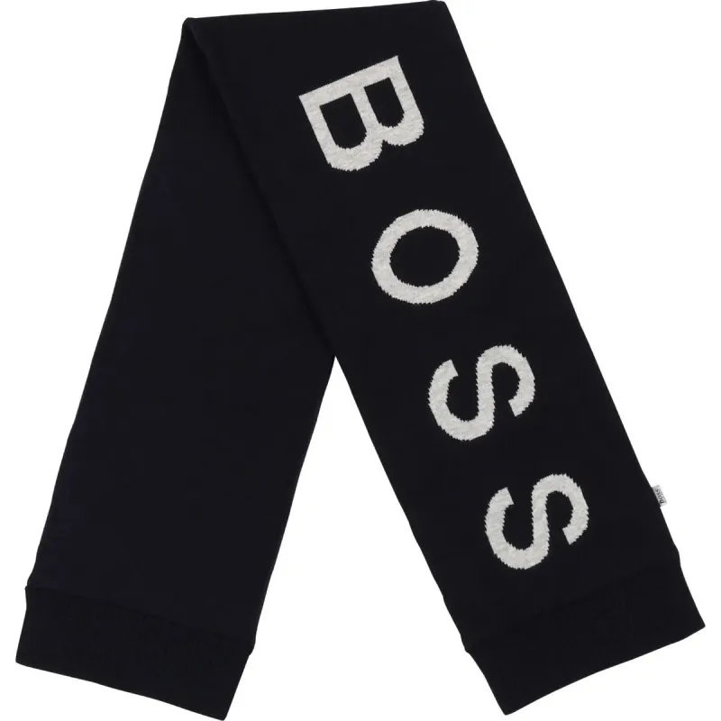 KNIT SCARF NAVY GREY BOSS LOG