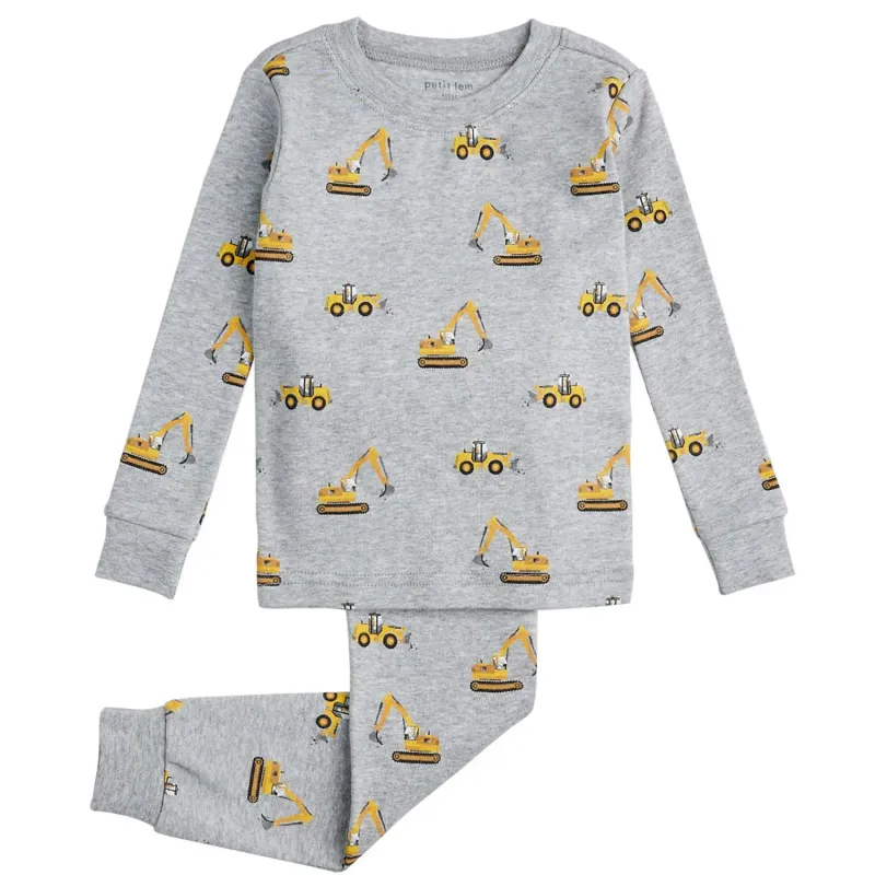 2PC PYJAMA HEATHER GREY YELLOW CONSTRUCTION EQUIPMENT PRINT / 23FRS18Q03K