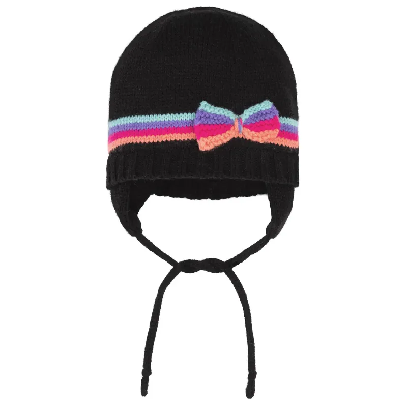 KNIT HAT BLACK MULTI COLORED BOW & STRIPE TRIM NECK TIE / 10ZD02 KNIT HAT BLACK MULTI COLORED BOW & STRIPE TRIM NECK TIE / 10ZD02
