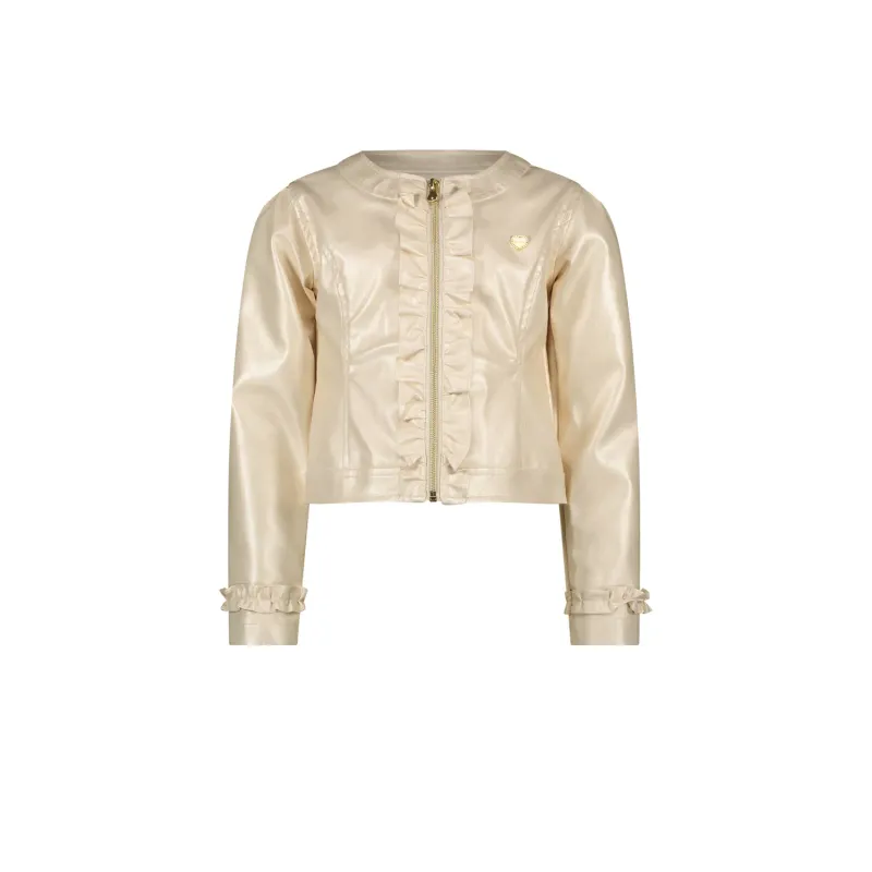JACKET PEARLED IVORY FAKE LEATHER RUFFLE TRIM & ZIP CLOSURE / C312-5121-008