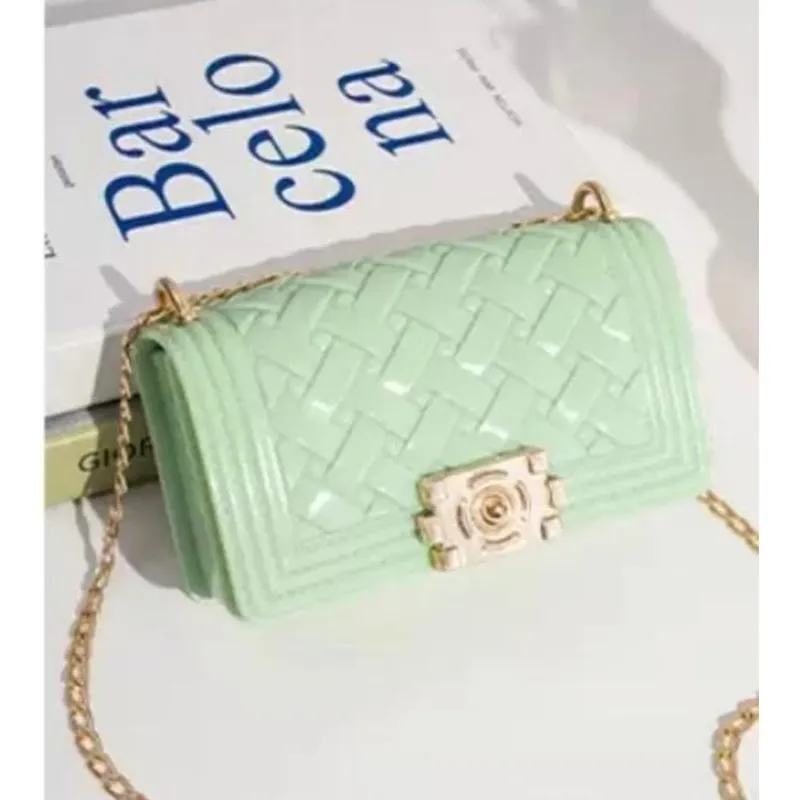 PURSE MINT GREEN JELLY CLASSY BASKET WEAVE PRINT GOLD CHAIN / PS-321029