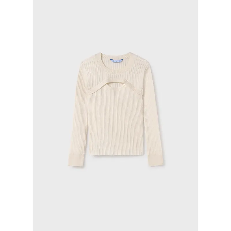 CREAM KNIT SWEATER LONG SLEEVE RIBBED FRONT CUTOUT / 7308-24