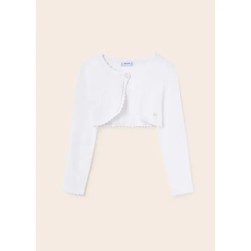 BOLERO CARDIGAN WHITE SCALLOPED EDGING 1 BUTTON CLOSURE / 332-095