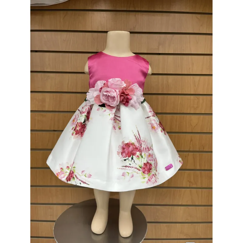 DRESS FUSCHIA BODICE WHITE PRINTED SKIRT FLOWER PIN TRIM / H2871