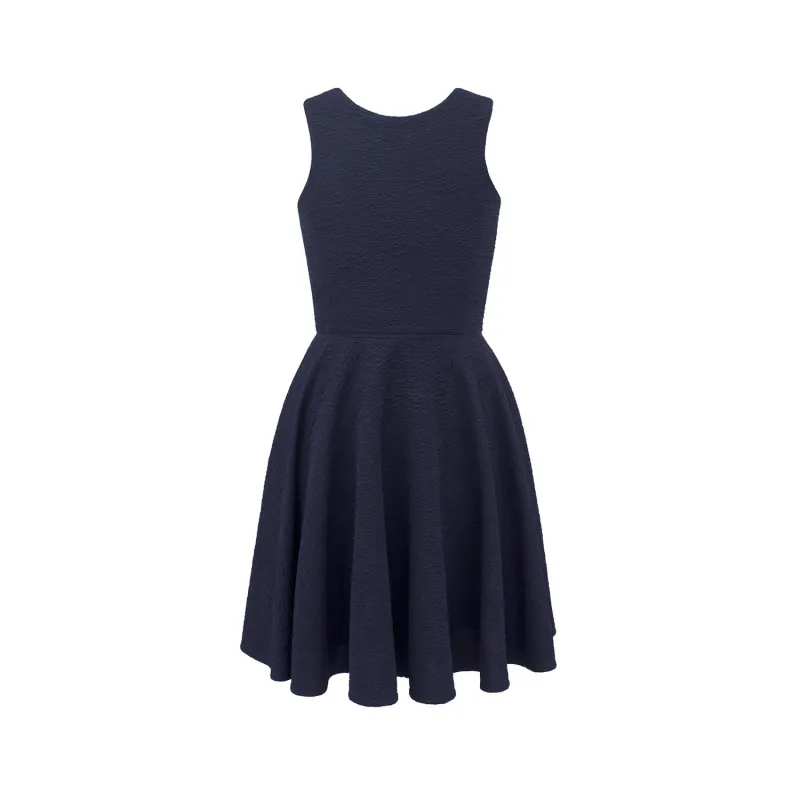 DRESS NAVY RHINESTONE BACK BUTTON CLOSURE & BELT FLARED SKIRT / 4111A